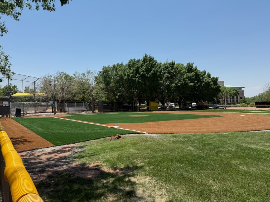 Aerial view of a football field with bright green artificial turf. “FALCONS” is written in both end zones, and “CACTUS SHADOWS” is along the sides. The sports field features white yard lines, numbers, and blue accents.