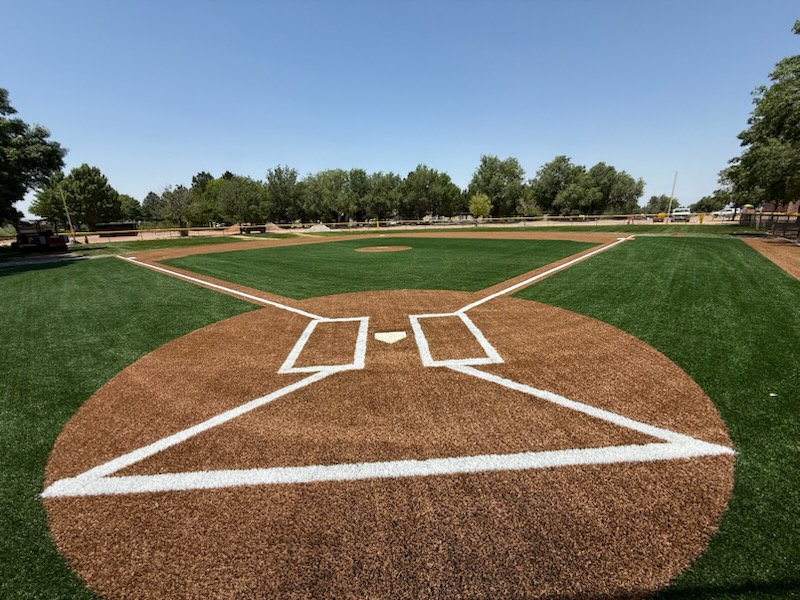 Aerial view of a football field with bright green artificial turf. “FALCONS” is written in both end zones, and “CACTUS SHADOWS” is along the sides. The sports field features white yard lines, numbers, and blue accents.